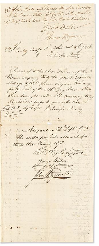 WASHINGTON, GEORGE. Endorsement Signed, G:Washington, as President of the Potomac Company,